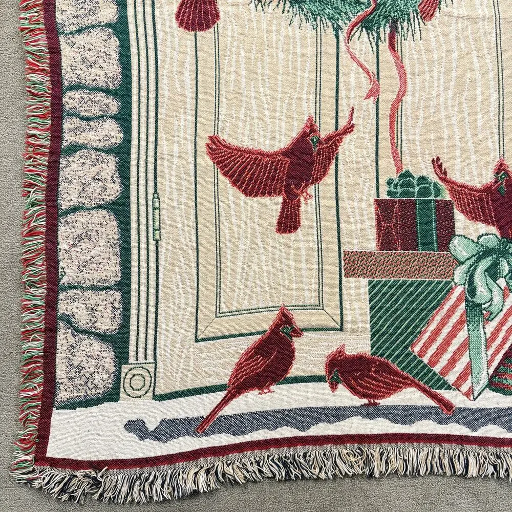 Vintage MWW 1993 Christmas Woven Tapestry Throw Blanket Wreath Cardinals 48 x 66